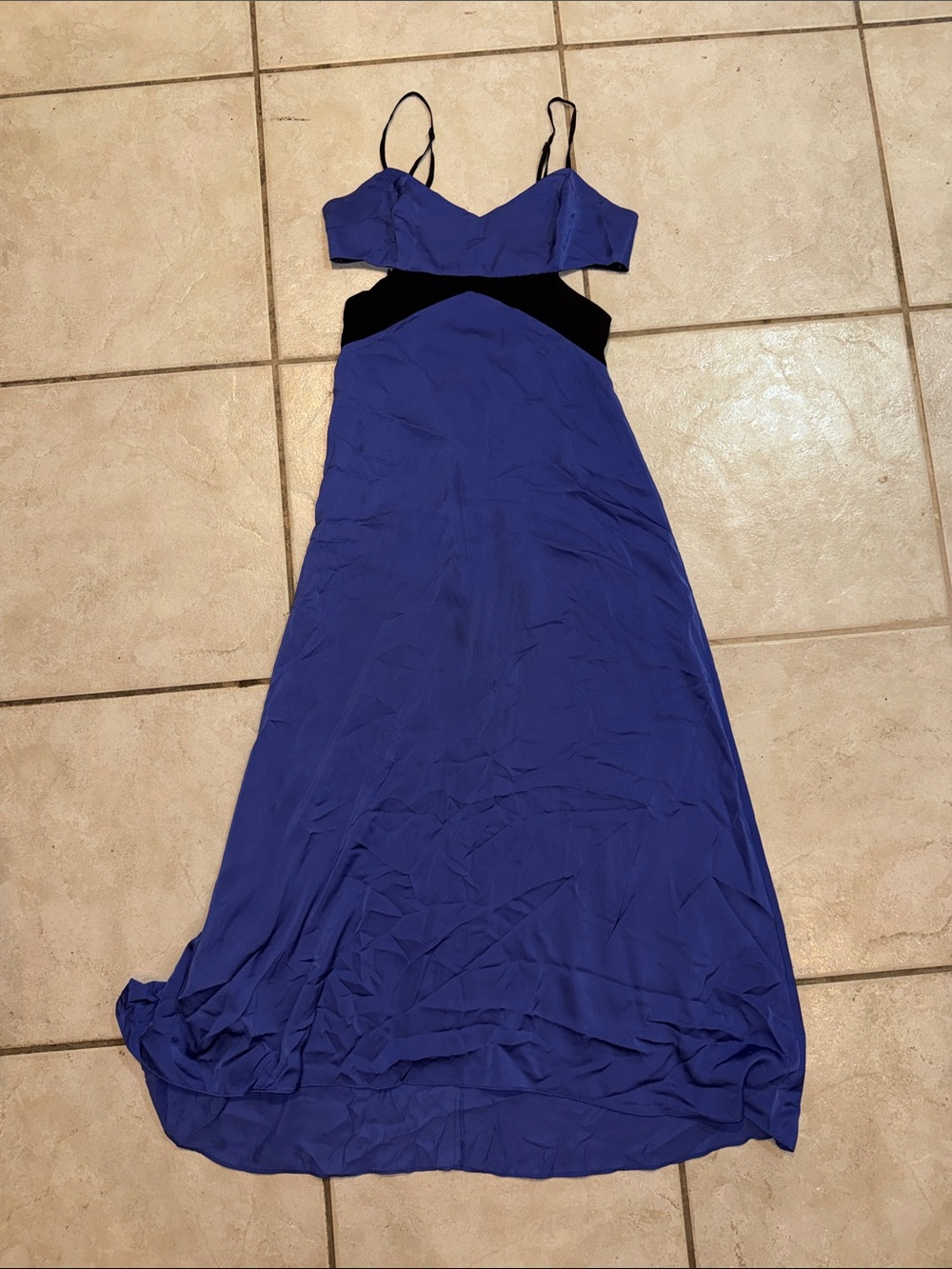 Strapless Royal Blue Maxi Dress with Black Waist Cut Outs and Back Panels